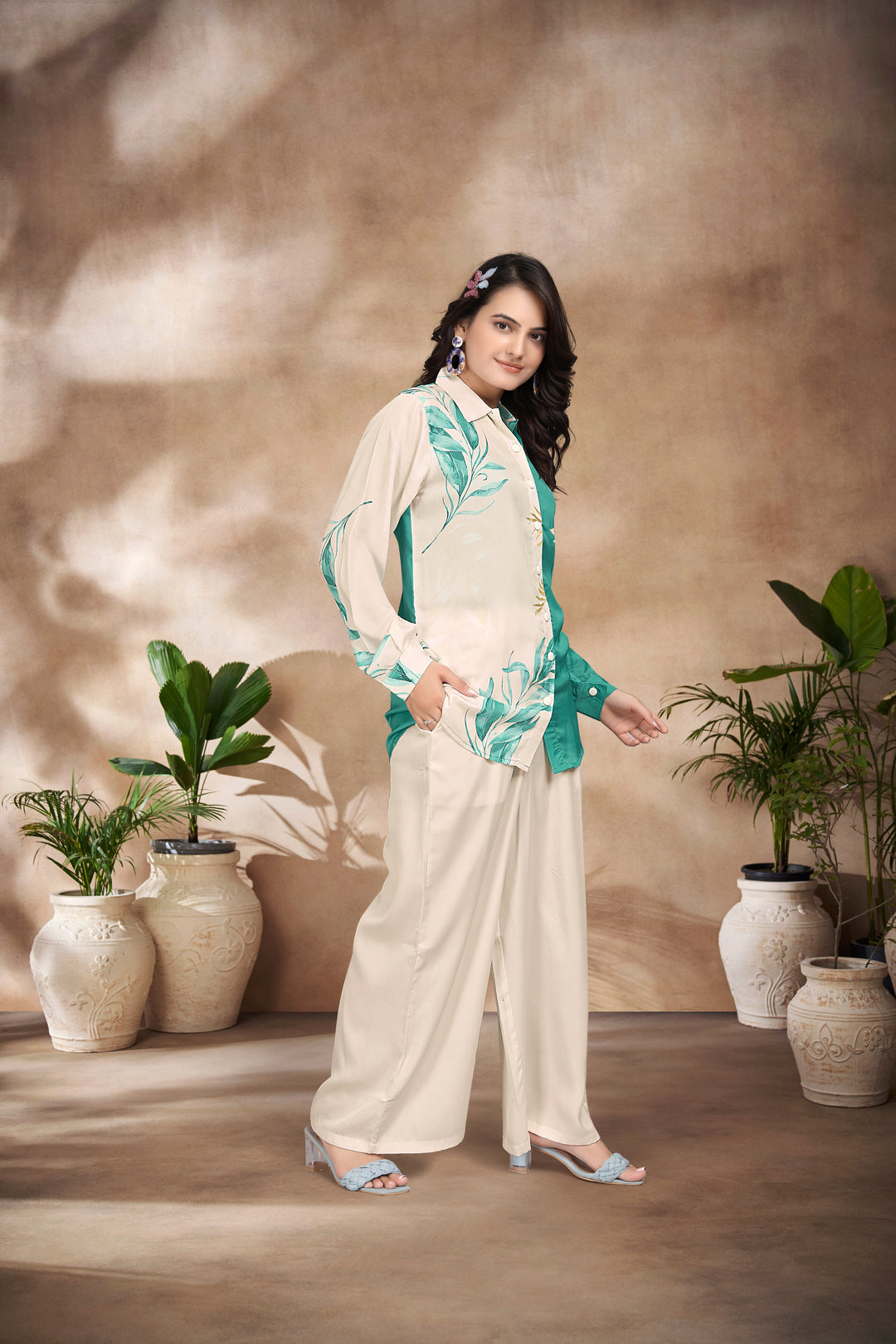 THE MINT & BEIGE LEAVE PRINT : CO-ORD SET