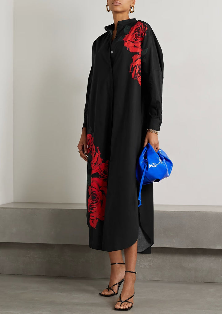 VIBRANT RED ROSE APPLIQUÉ BLACK SHIRT DRESS