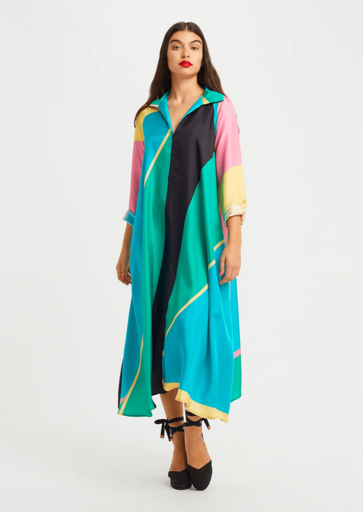 CHROMATIC CHARM: MULTICOLOR V-NECK COLLAR KAFTAN