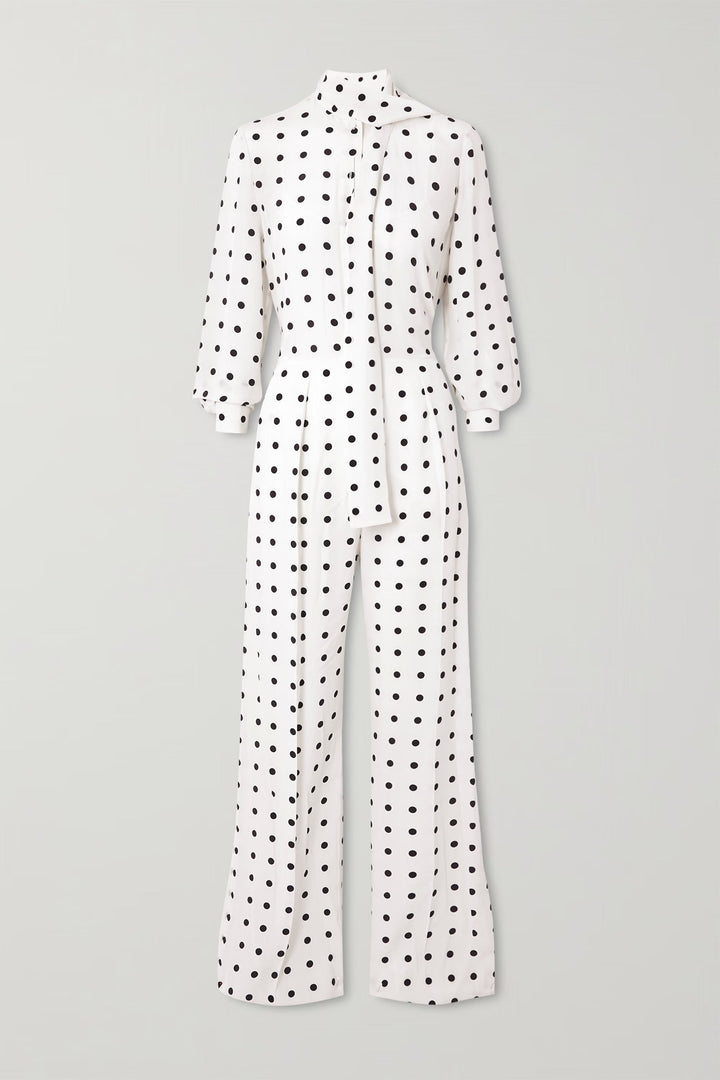 WHITE POLKA DOT JUMPSUIT - HIGH-COLLAR ELEGANCE