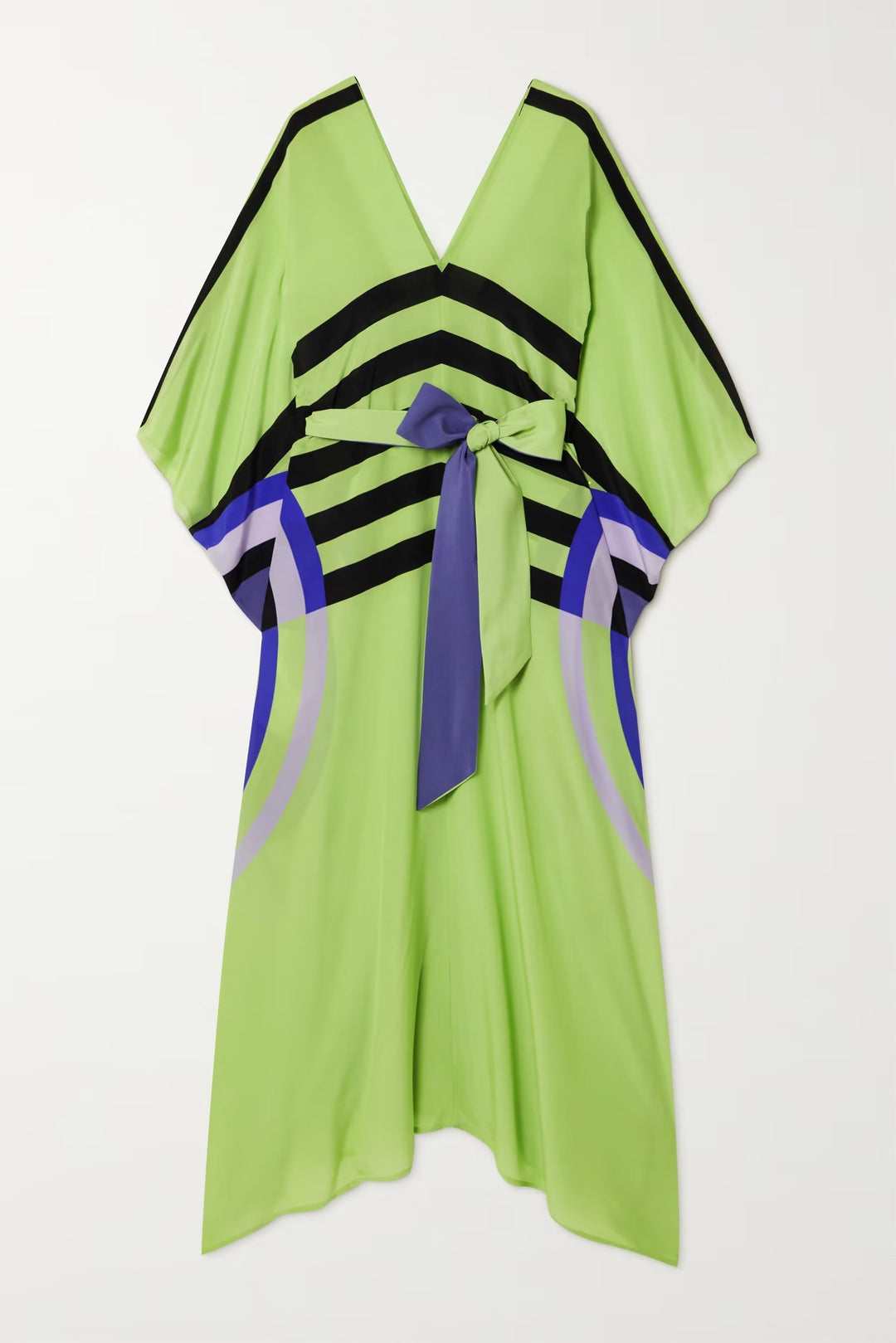 LIME GREEN LUXE: SILK GEOMETRIC V-NECK KAFTAN