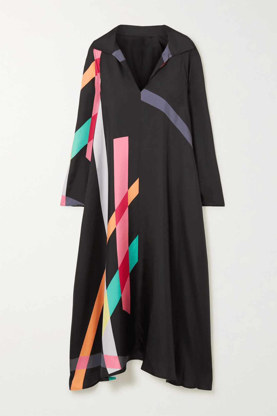 DIVINE DUSK: V-NECK CREPE SILK KURTI  KAFTAN IN GEO BLACK BEAUTY