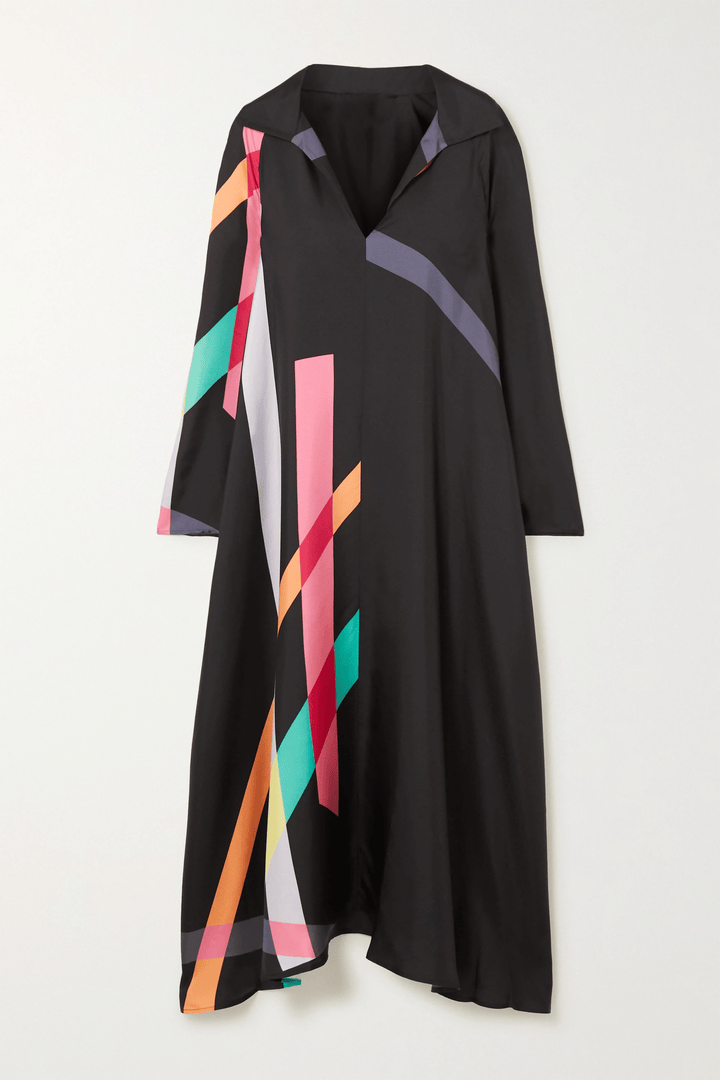 DIVINE DUSK: V-NECK CREPE SILK KURTI  KAFTAN IN GEO BLACK BEAUTY
