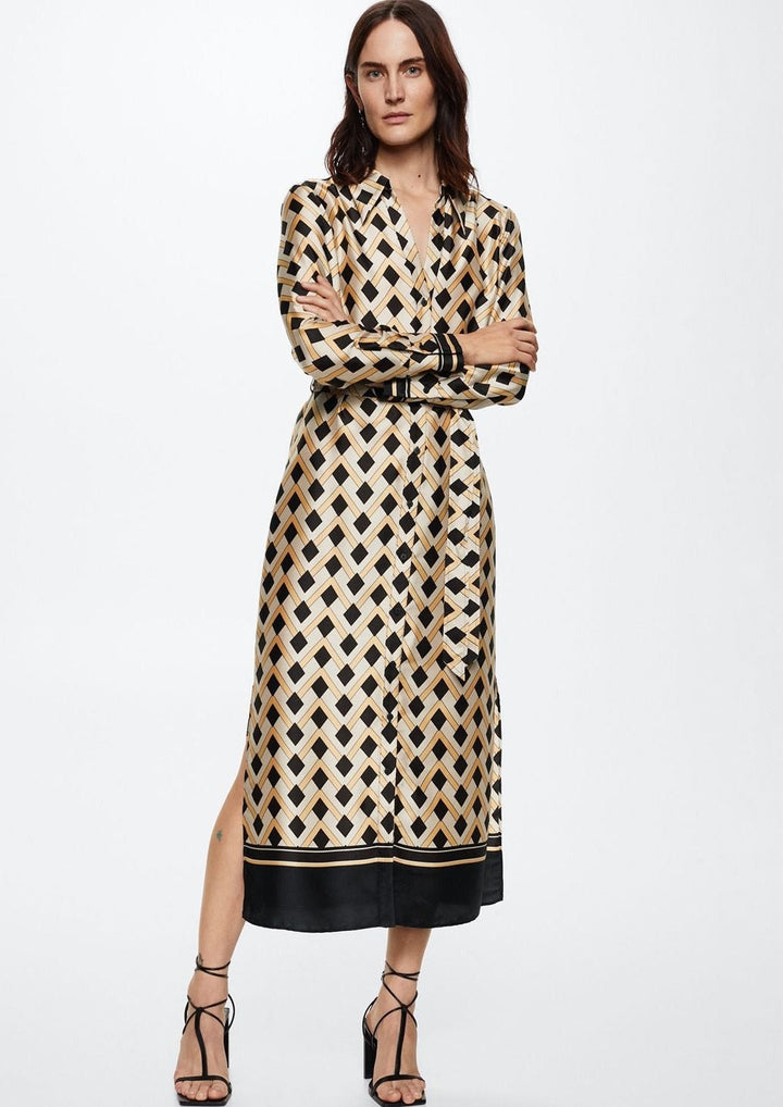 GEOMETRIC GOLD & BLACK BELTED SHIRT DRESS