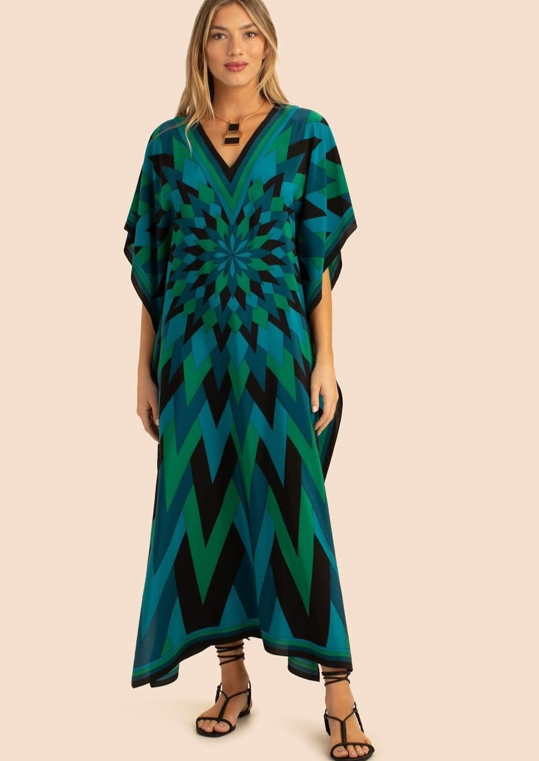 TEAL TAPESTRY GEOMETRIC GREEN KAFTAN