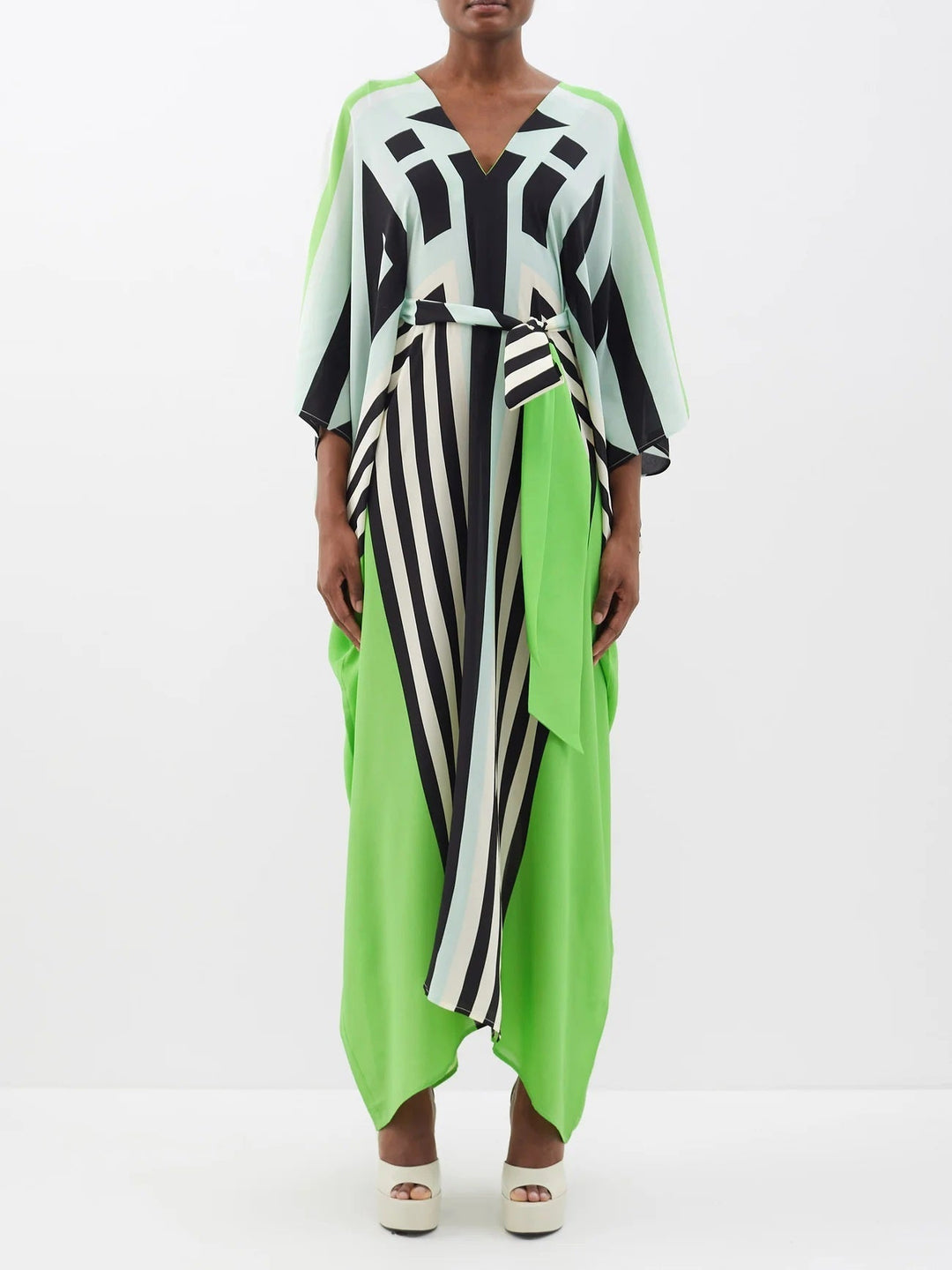 GREEN SILK BLISS: GEOMETRIC KAFTAN WITH WAIST BELT