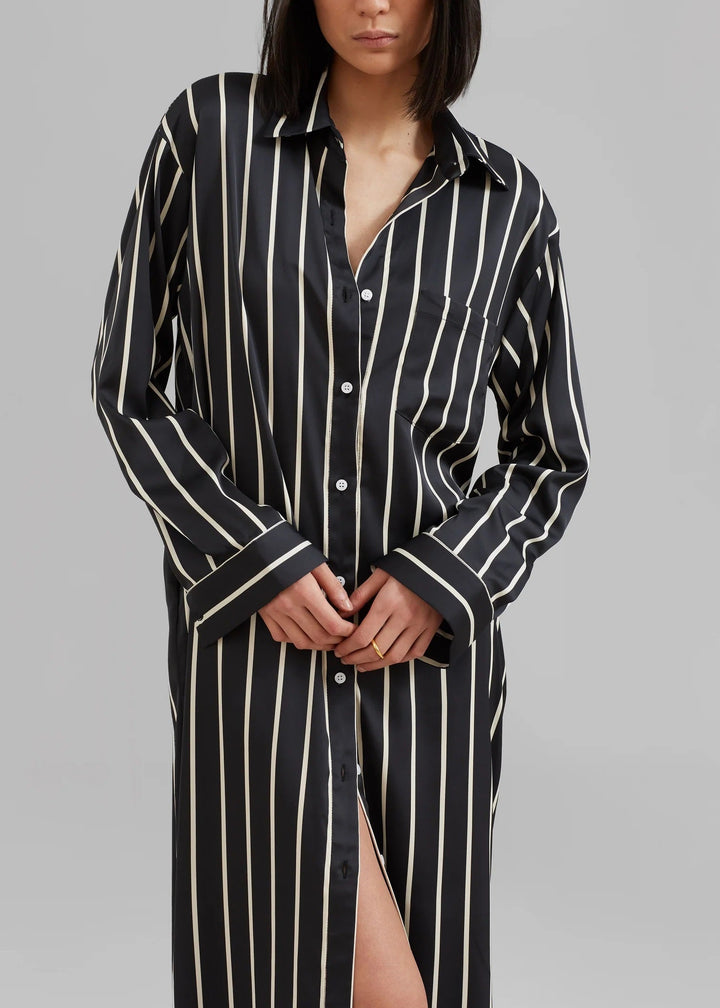 SLEEK SILK VERTICAL STRIPES SHIRT DRESS