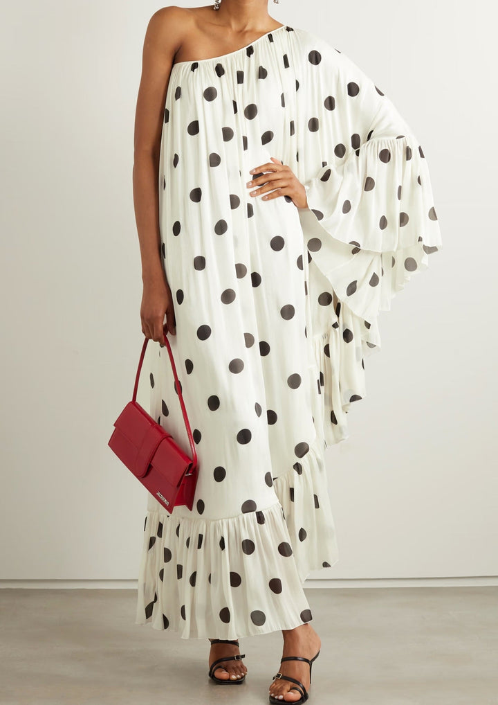 POLKA CHIC OFF-SHOULDER KAFTAN : FRILL ELEGANCE