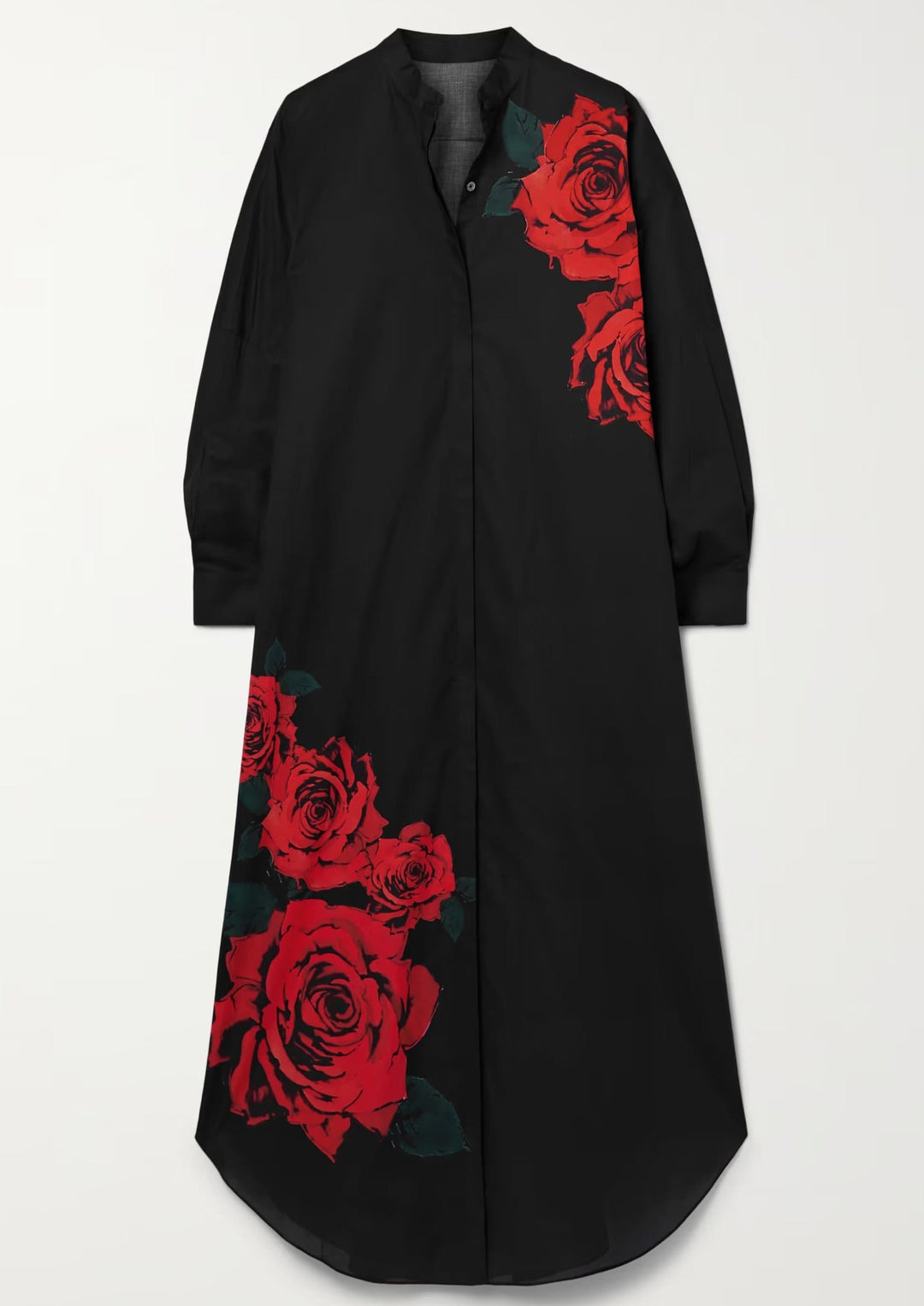 VIBRANT RED ROSE APPLIQUÉ BLACK SHIRT DRESS