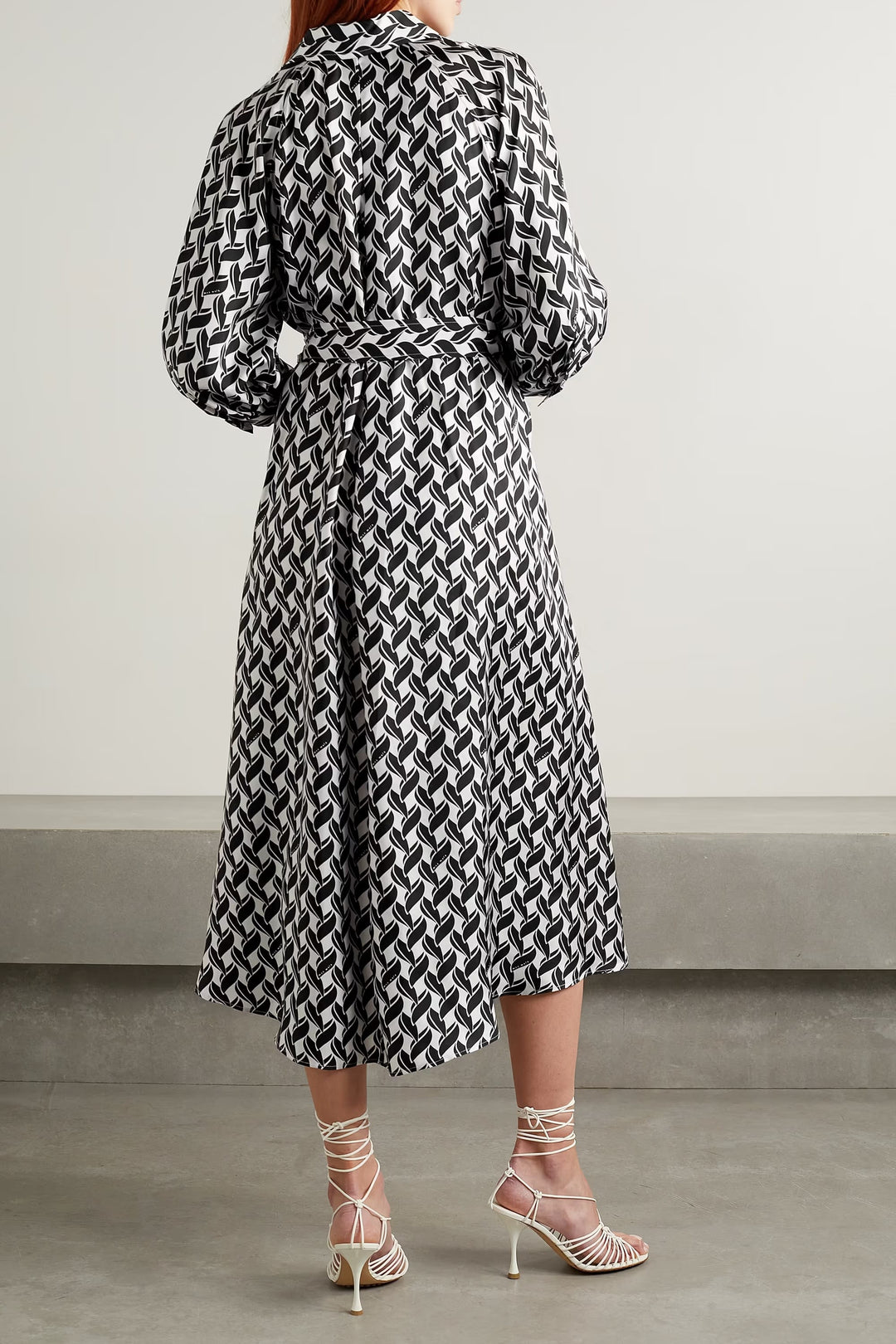MONOCHROME GEOMETRIC MIDI WRAP DRESS