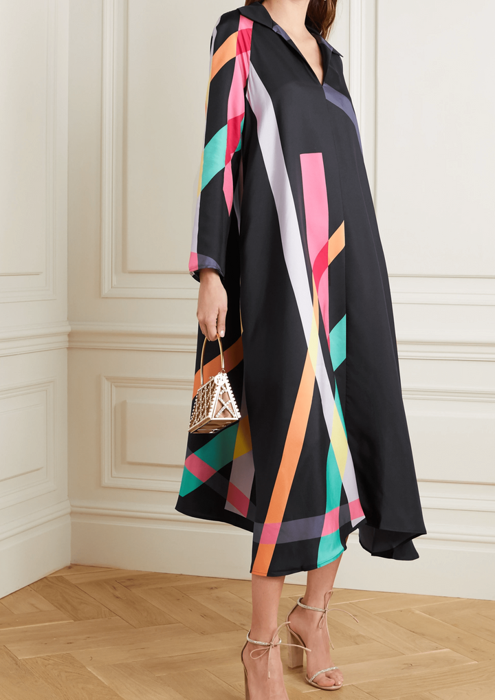 DIVINE DUSK: V-NECK CREPE SILK KURTI  KAFTAN IN GEO BLACK BEAUTY