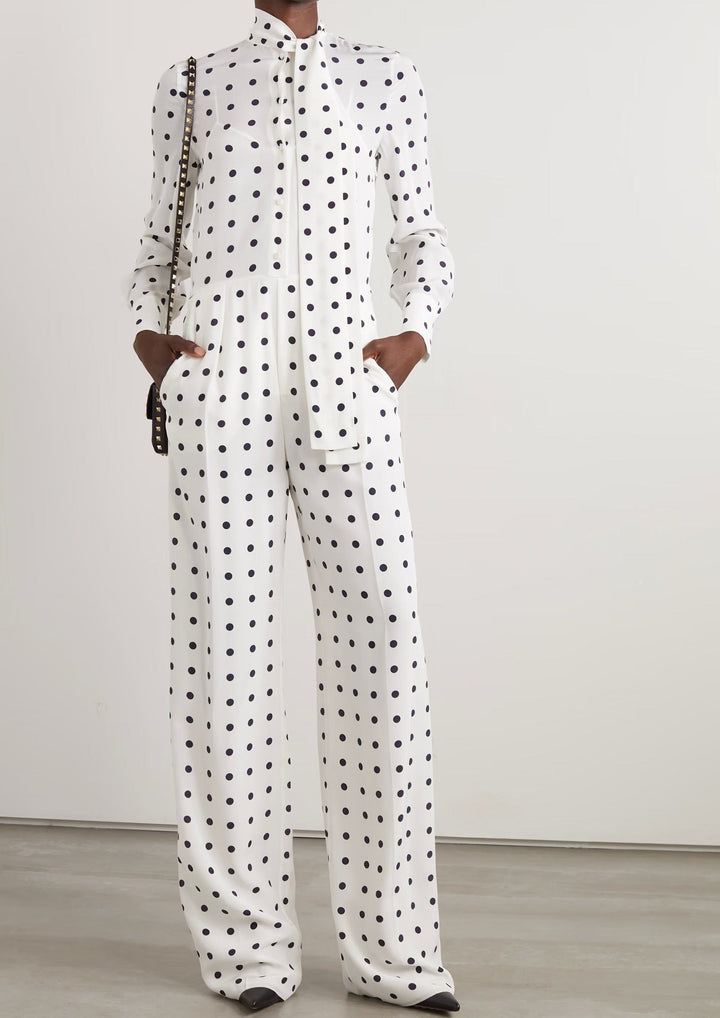 WHITE POLKA DOT JUMPSUIT - HIGH-COLLAR ELEGANCE