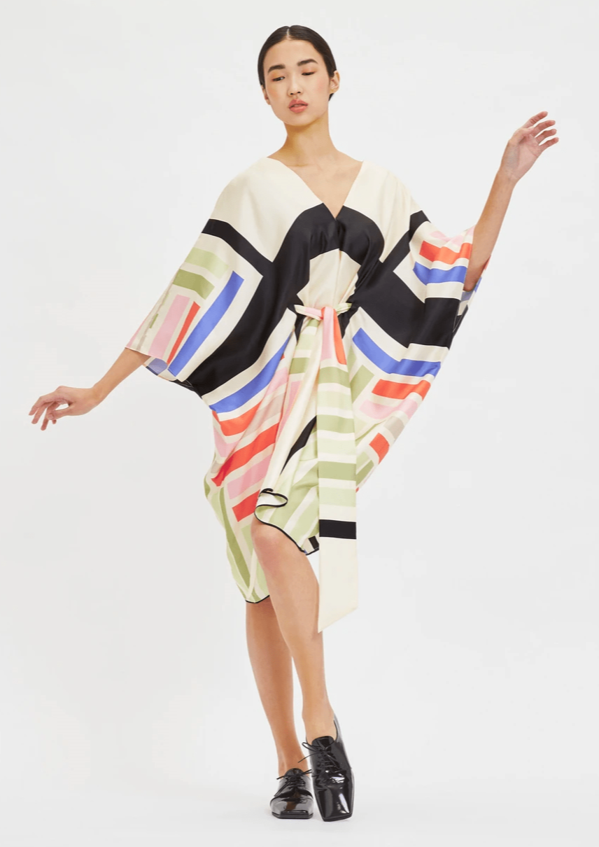 Lustrous Lines: V-Neck Women's Silk Kaftan