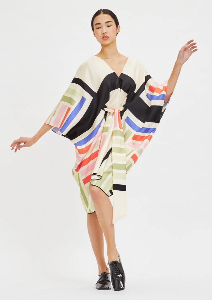 Lustrous Lines: V-Neck Women's Silk Kaftan