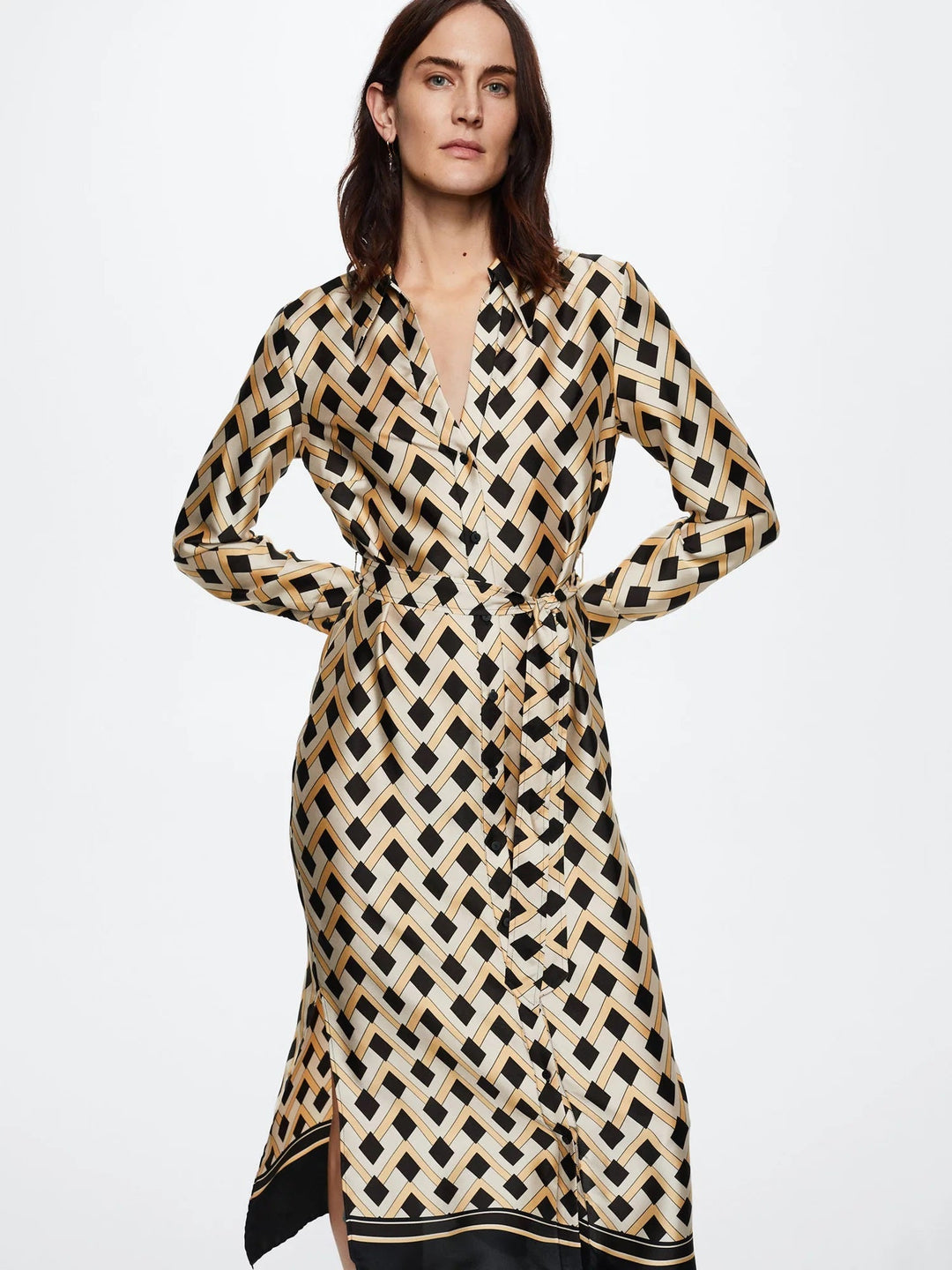 GEOMETRIC GOLD & BLACK BELTED SHIRT DRESS