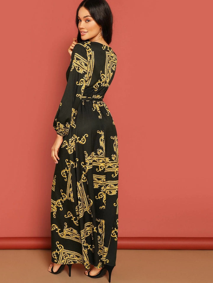 BOHEMIAN ELEGANCE: EMBROIDERED BLACK PAISLEY MAXI KAFTAN DRESS