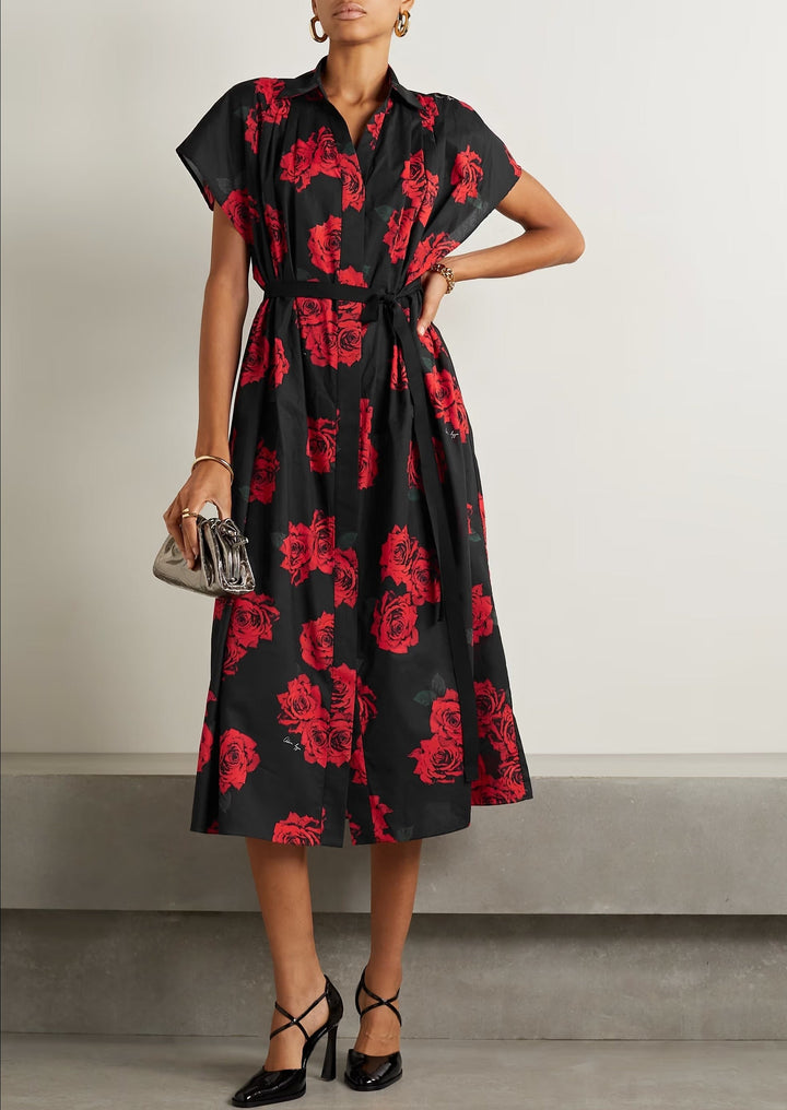 RED FLORAL ELEGANCE: CHIC MIDI SHIRT-DRESS