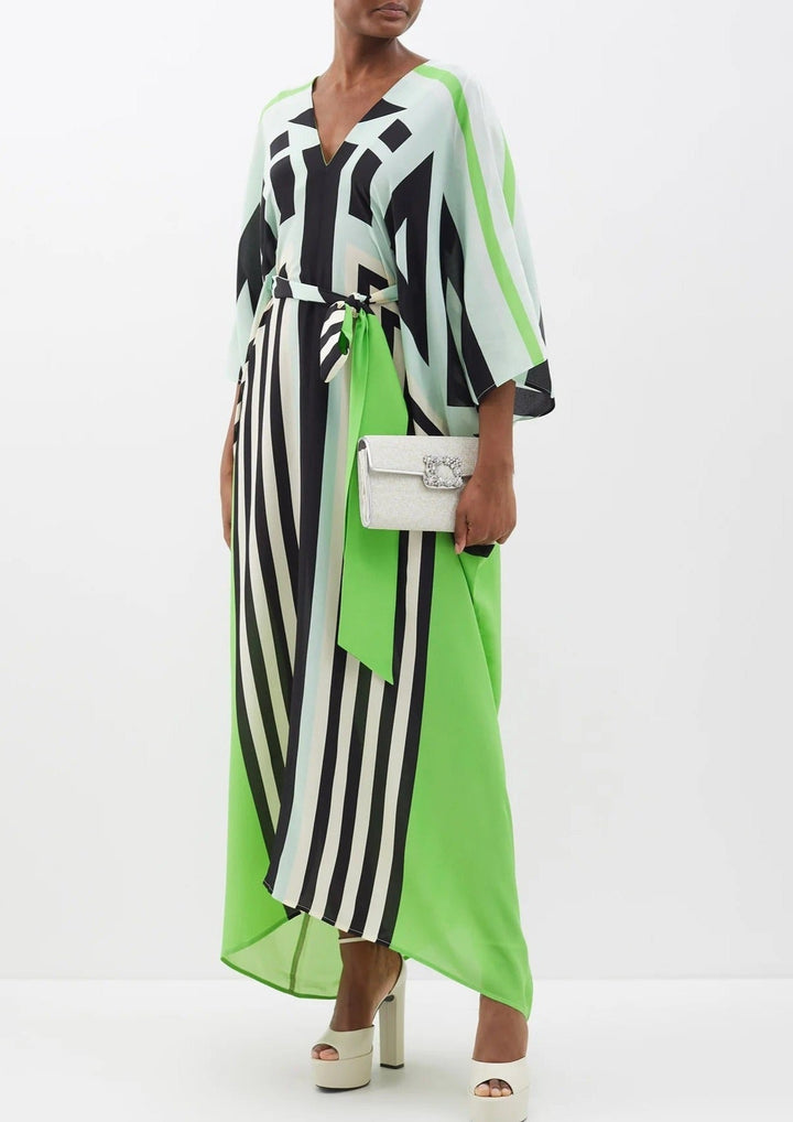 GREEN SILK BLISS: GEOMETRIC KAFTAN WITH WAIST BELT