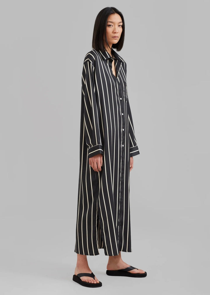 SLEEK SILK VERTICAL STRIPES SHIRT DRESS