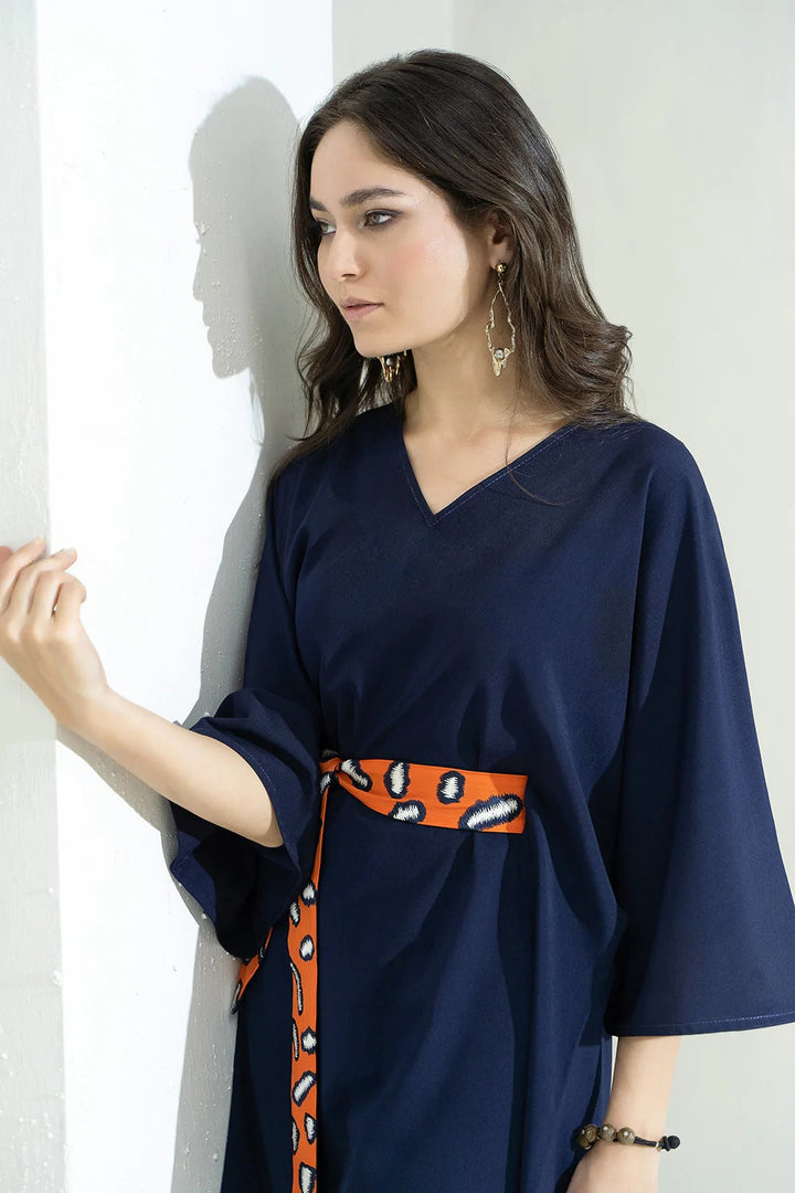 CELESTIAL NAVY KIMONO WRAP CO-ORD SET WITH ABSTRACT ORANGE BELT