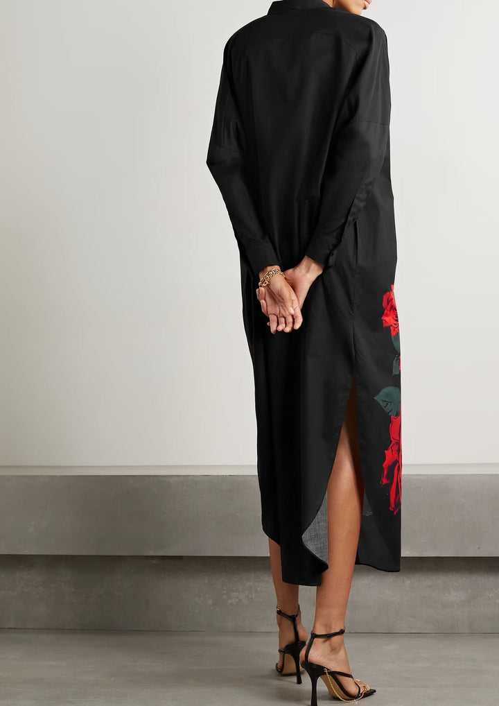 VIBRANT RED ROSE APPLIQUÉ BLACK SHIRT DRESS