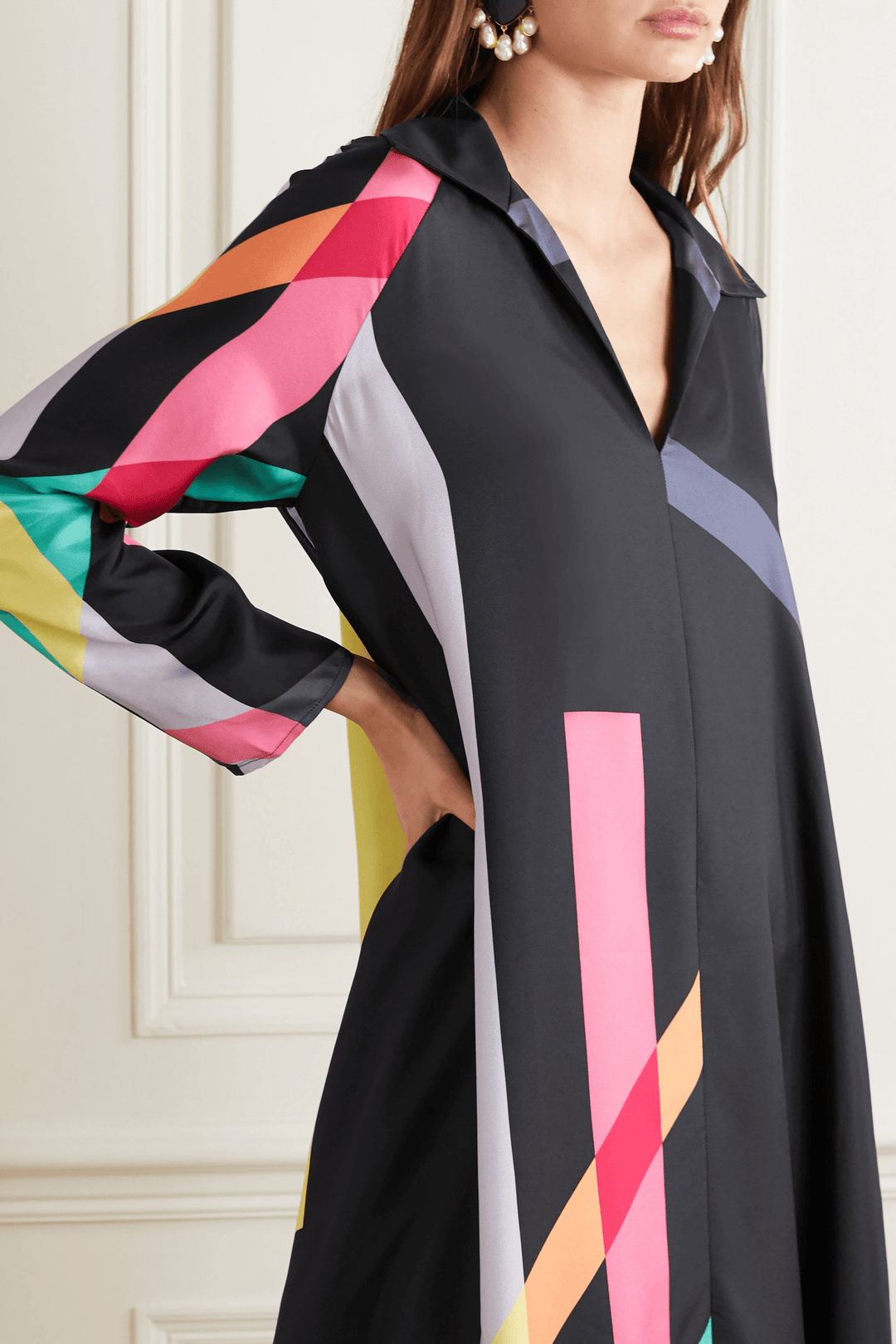 DIVINE DUSK: V-NECK CREPE SILK KURTI  KAFTAN IN GEO BLACK BEAUTY