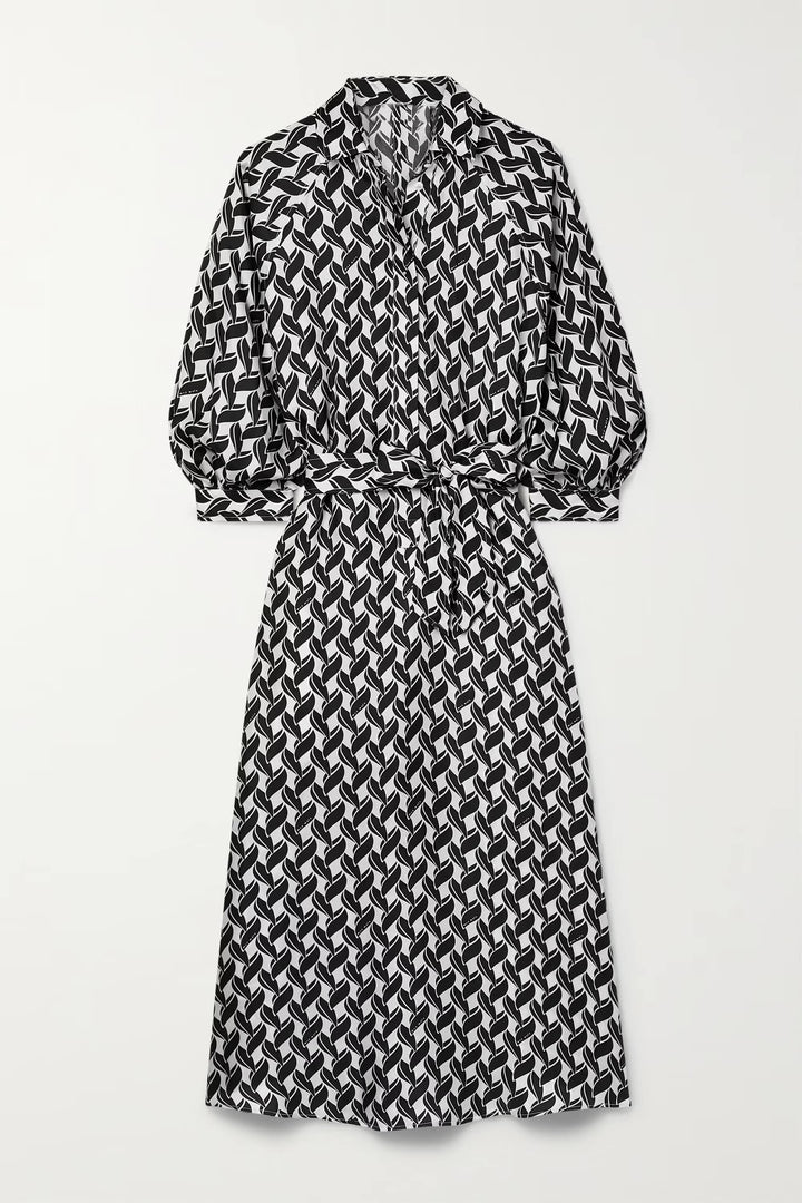 MONOCHROME GEOMETRIC MIDI WRAP DRESS