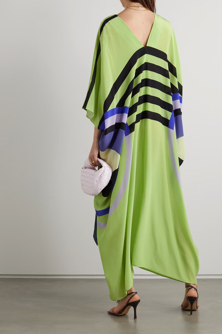 LIME GREEN LUXE: SILK GEOMETRIC V-NECK KAFTAN
