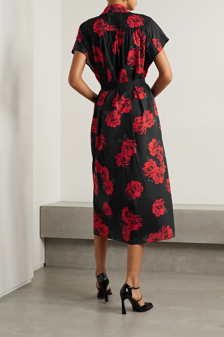 RED FLORAL ELEGANCE: CHIC MIDI SHIRT-DRESS