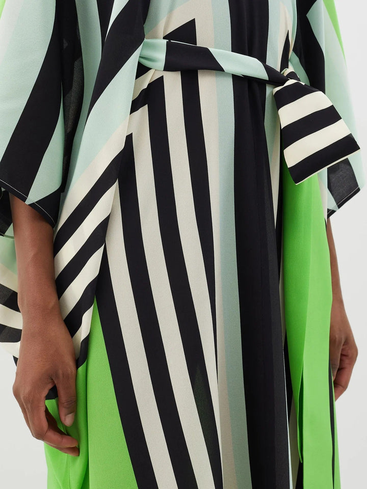 GREEN SILK BLISS: GEOMETRIC KAFTAN WITH WAIST BELT