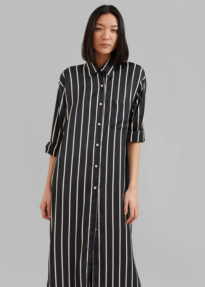 SLEEK SILK VERTICAL STRIPES SHIRT DRESS