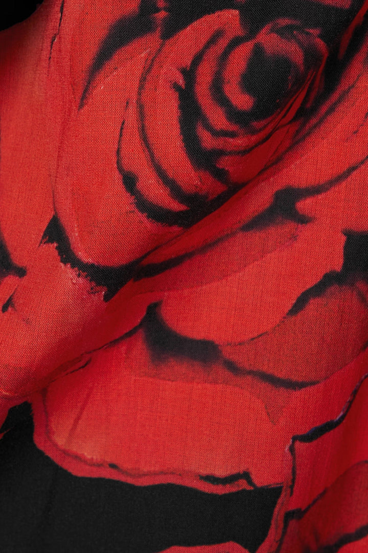 VIBRANT RED ROSE APPLIQUÉ BLACK SHIRT DRESS