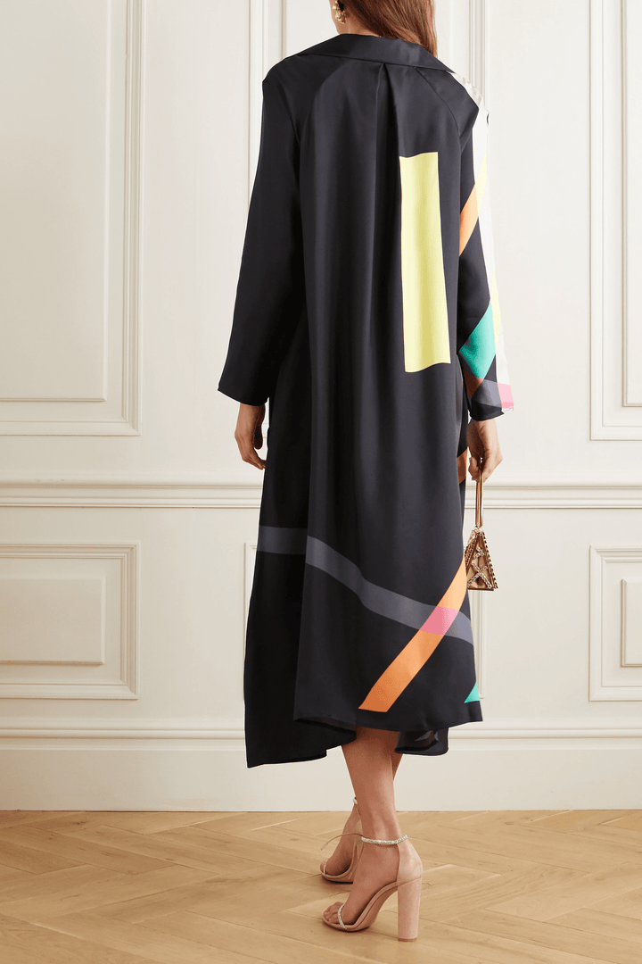 DIVINE DUSK: V-NECK CREPE SILK KURTI  KAFTAN IN GEO BLACK BEAUTY