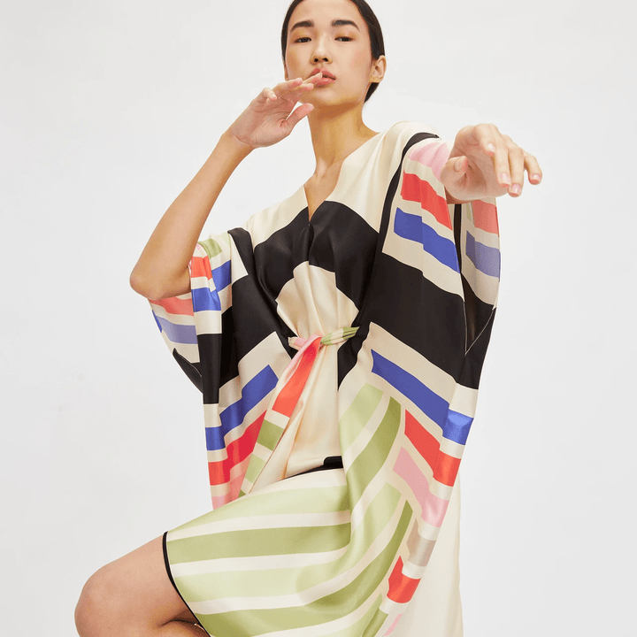Lustrous Lines: V-Neck Women's Silk Kaftan