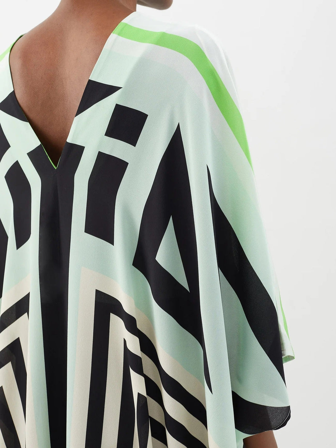GREEN SILK BLISS: GEOMETRIC KAFTAN WITH WAIST BELT