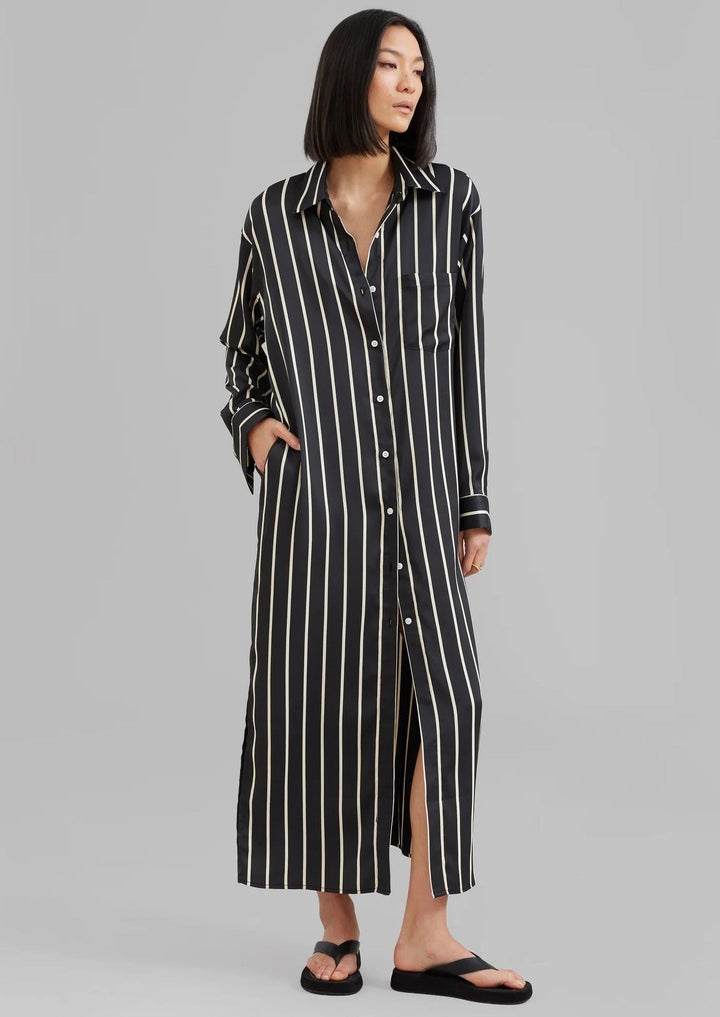 SLEEK SILK VERTICAL STRIPES SHIRT DRESS
