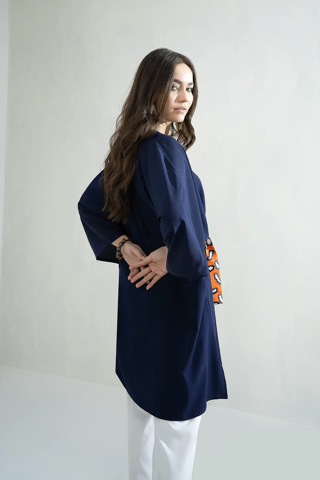 CELESTIAL NAVY KIMONO WRAP CO-ORD SET WITH ABSTRACT ORANGE BELT
