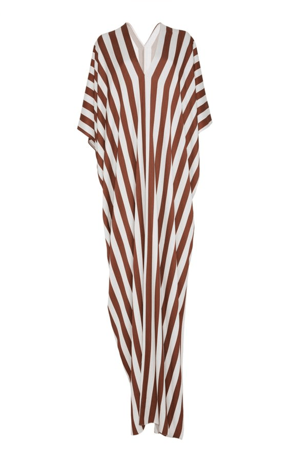 COCOA STRIPE ELEGANCE: SOFT SILK GEOMETRIC KAFTAN