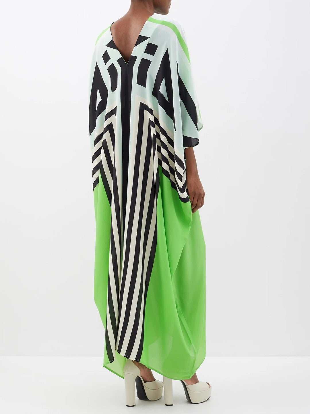 GREEN SILK BLISS: GEOMETRIC KAFTAN WITH WAIST BELT