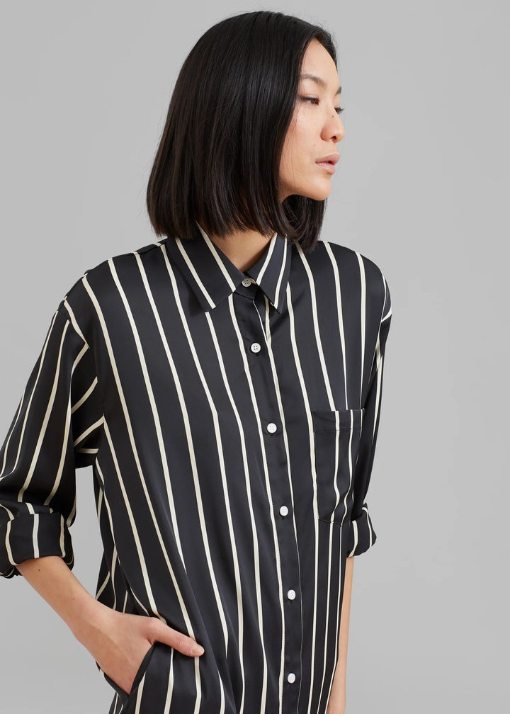 SLEEK SILK VERTICAL STRIPES SHIRT DRESS