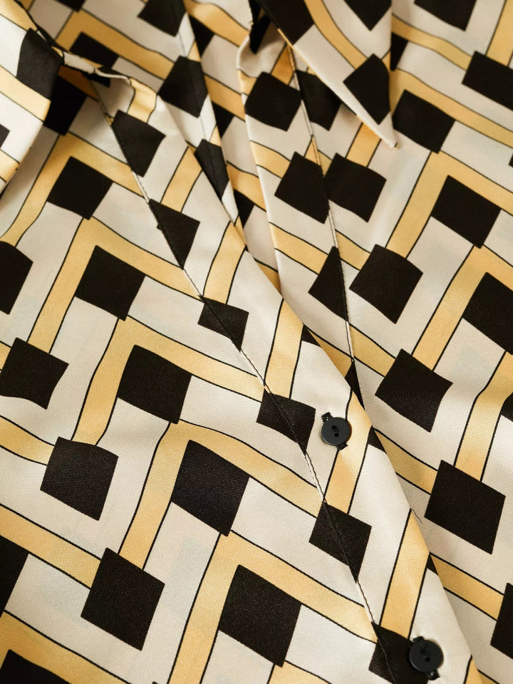 GEOMETRIC GOLD & BLACK BELTED SHIRT DRESS