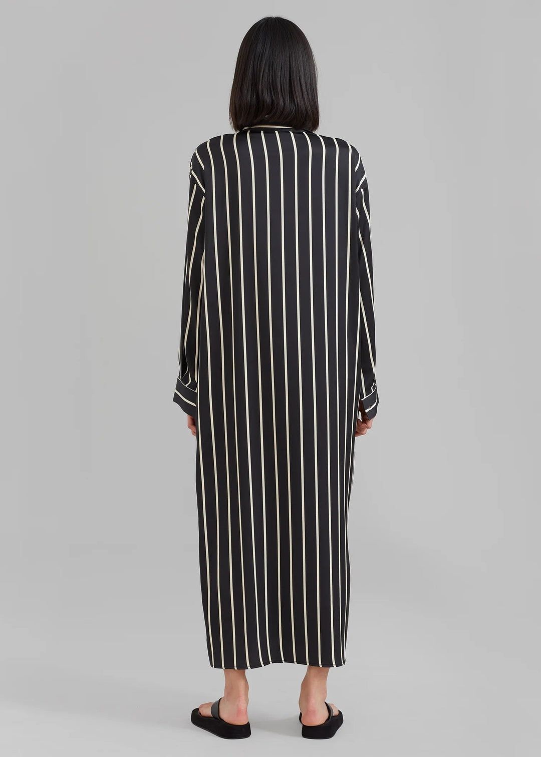 SLEEK SILK VERTICAL STRIPES SHIRT DRESS