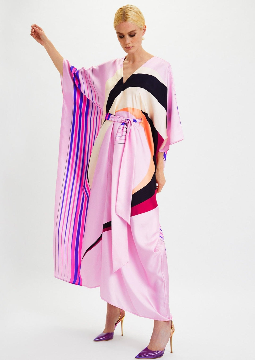 COTTON CANDY: PINK SILK GEOMETRIC KAFTAN