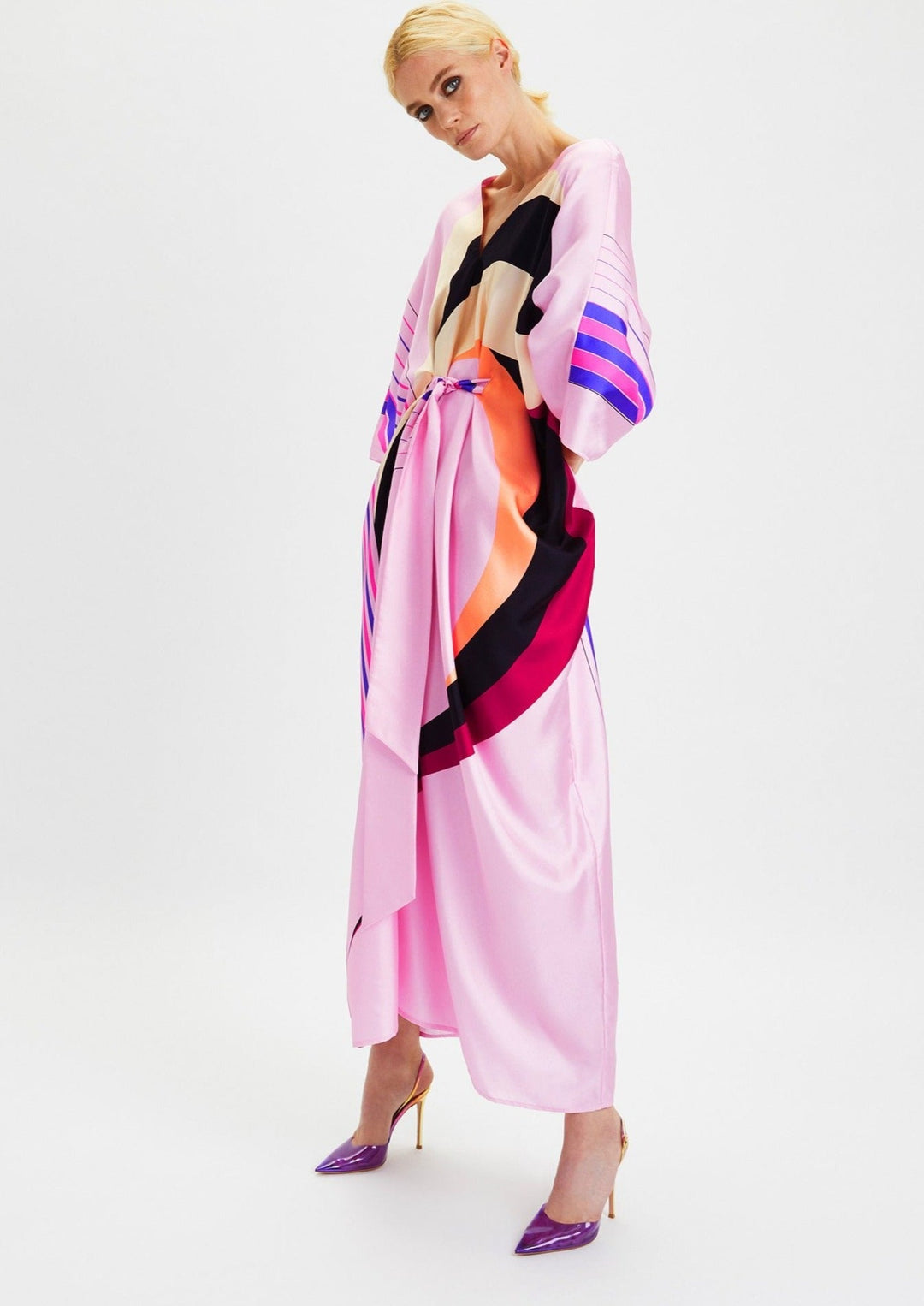COTTON CANDY: PINK SILK GEOMETRIC KAFTAN