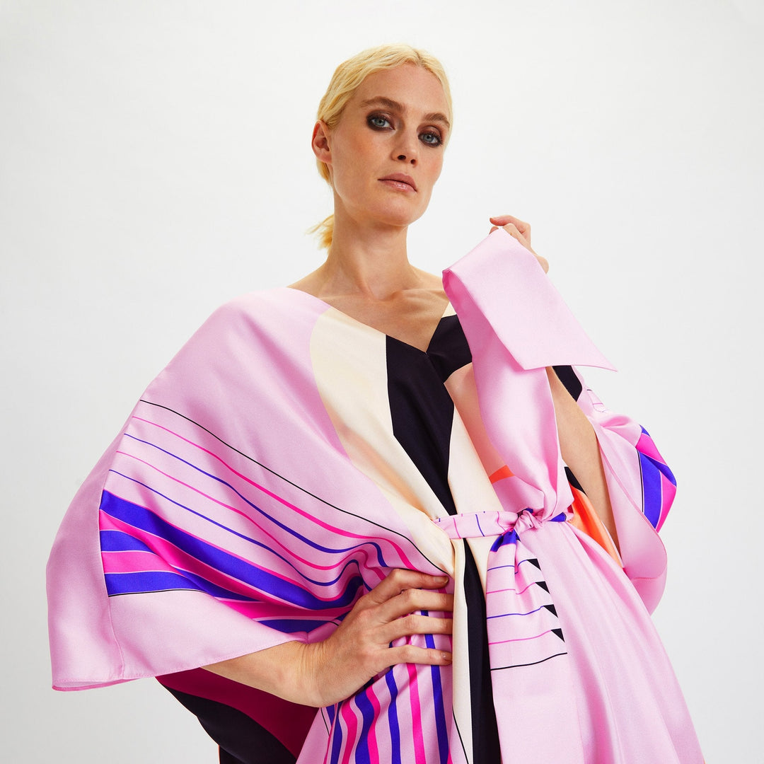 COTTON CANDY: PINK SILK GEOMETRIC KAFTAN