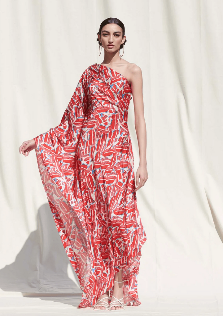 CRIMSON CASCADE: OFF-SHOULDER ABSTRACT PRINT KAFTAN