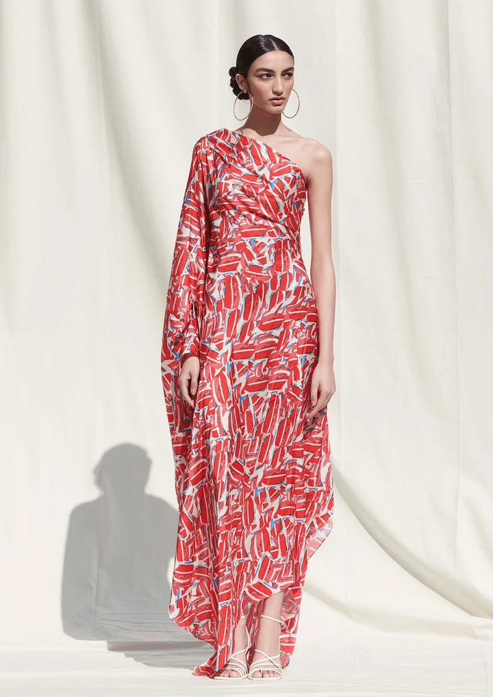 CRIMSON CASCADE: OFF-SHOULDER ABSTRACT PRINT KAFTAN