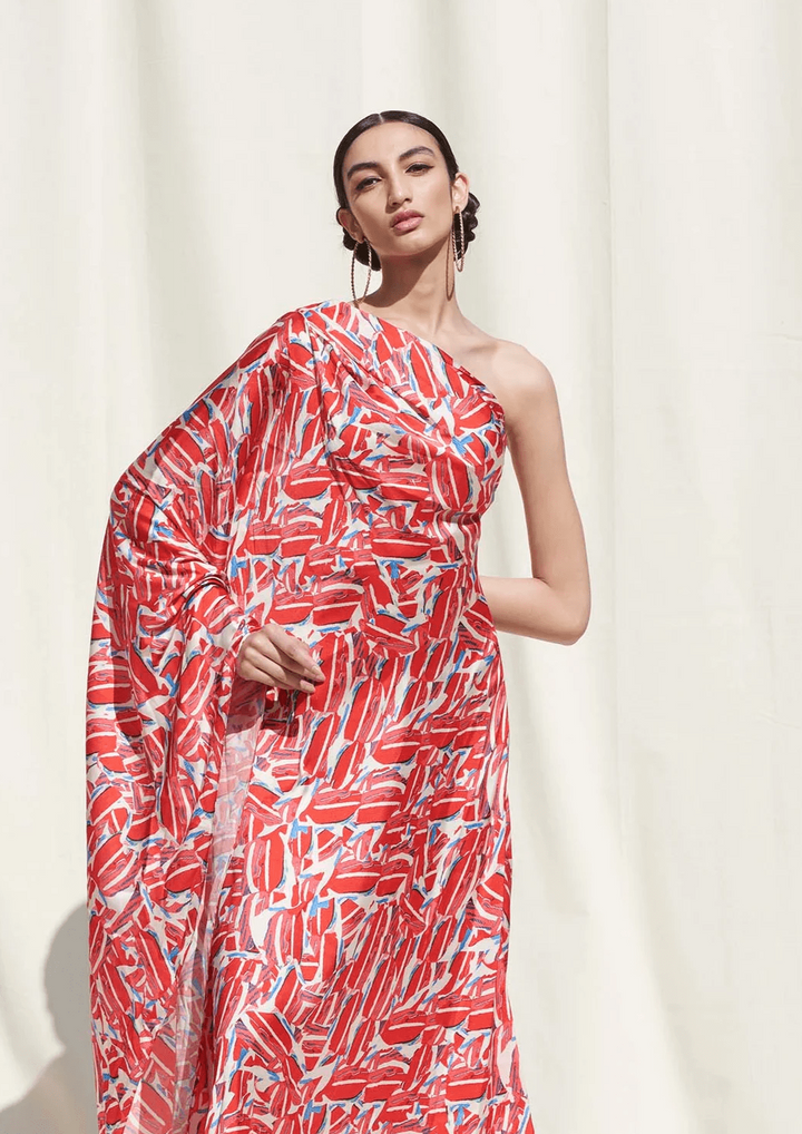 CRIMSON CASCADE: OFF-SHOULDER ABSTRACT PRINT KAFTAN