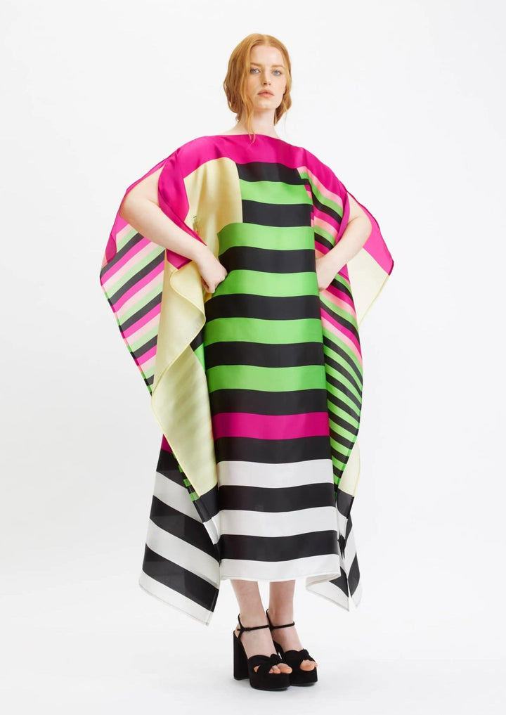 VIBRANT STRIPED SILK KAFTAN - BOLD COLOR BLOCK LUXURY WEAR