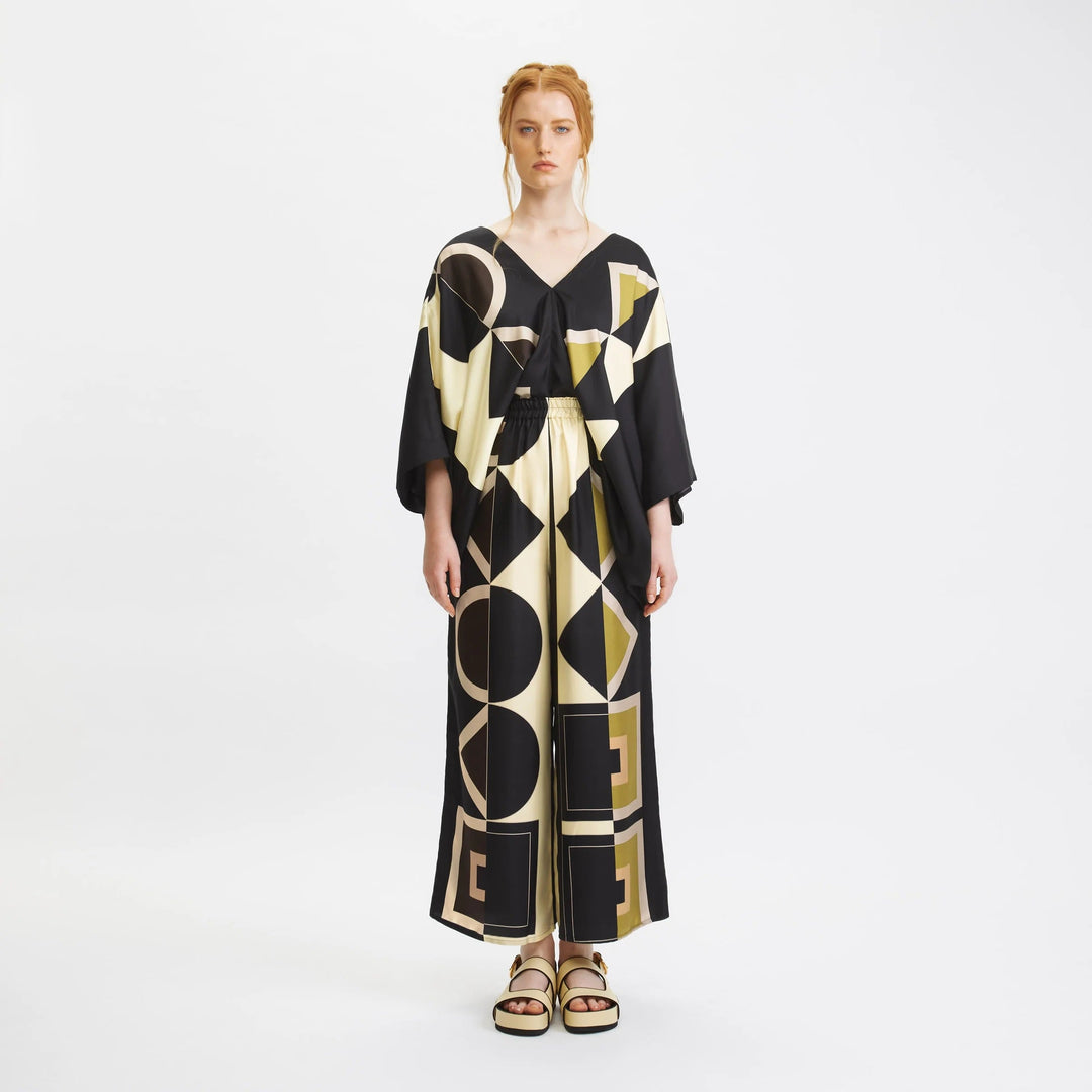 GEO BLACK AND CREAM SATIN SILK CO-ORD SET